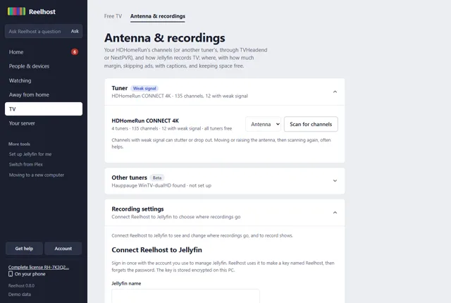 Reelhost's Antenna and recordings screen: an HDHomeRun tuner with its channels, a scan button, and recording settings.