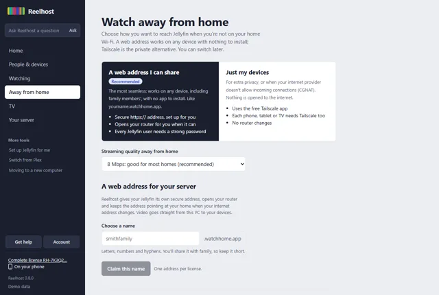 Reelhost's Watch away from home screen: a web address you can share, or just your own devices with Tailscale, and a box to claim your name on watchhome.app.