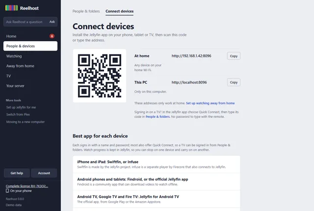Reelhost's Connect devices screen: a QR code, the address at home, and the best app for each phone, tablet and TV.