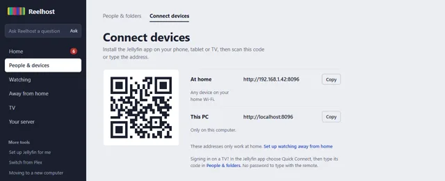 Reelhost's Connect devices screen: a QR code and the address for your server at home.