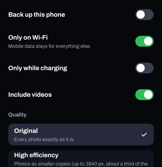Phone backup settings: Back up this phone, Only on Wi-Fi, Only while charging, Include videos, and Original quality.