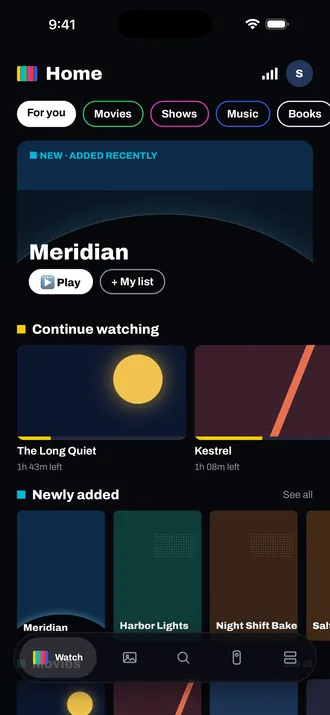 Signal on an iPhone in the Classic style: Movies, Shows, Music and Books tabs, with Continue watching and Newly added rows.