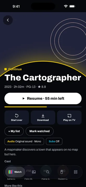 The Cartographer on an iPhone: Resume with 55 minutes left, Start over, Download, Play on TV, My list and Mark watched.