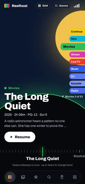 Reelhost Signal on a phone: the same band stack and dial, with Movies selected and The Long Quiet ready to resume.
