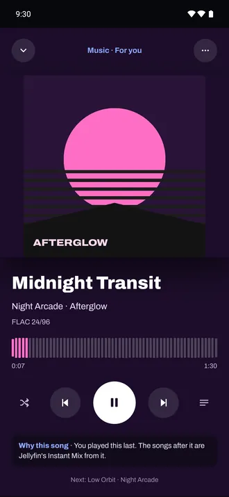 Music on an Android phone: Midnight Transit playing, a FLAC 24/96 badge, and why this song was picked.