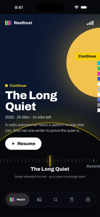 Reelhost Signal on an iPhone: The Long Quiet ready to resume, with the same dial to swipe through.
