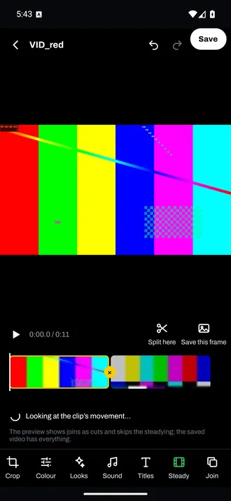 The video editor on an Android phone: a clip on the timeline, and Crop, Colour, Looks, Sound, Titles, Steady and Join.