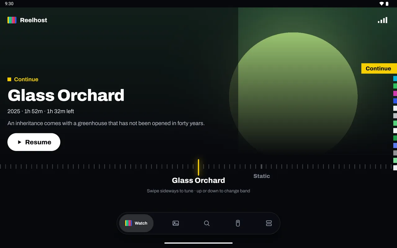 Signal on an Android tablet: Glass Orchard ready to resume, with the dial below and the tab bar at the bottom.