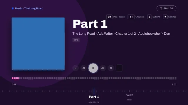 An audiobook playing on a TV: Part 1 of The Long Road, with chapters, and 30-second skip buttons.