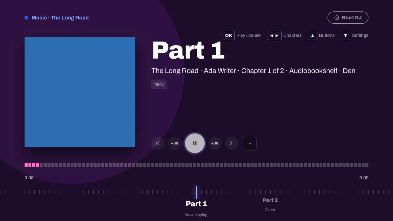 An audiobook playing on a TV: Part 1 of The Long Road, with chapters and 30-second skips.