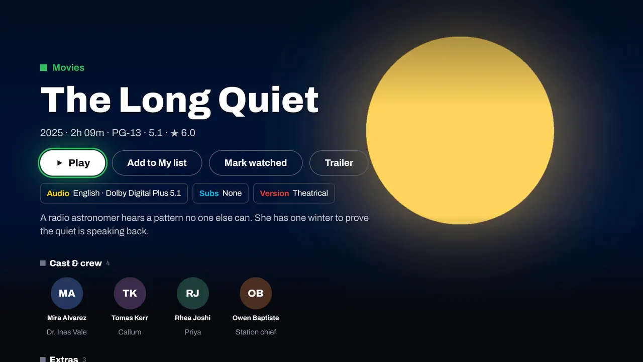 Signal on a TV: the details page for The Long Quiet, with Play, Add to My list, Mark watched and Trailer, audio and subtitle choices, and the cast.