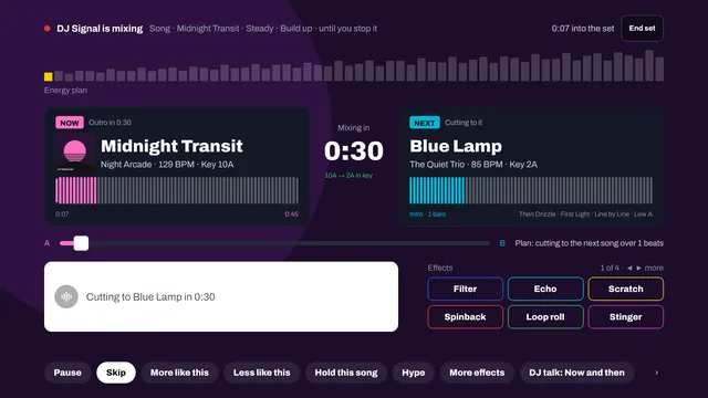 DJ Signal mixing on a TV: the song now, the next song, a countdown to the mix, and effect buttons.