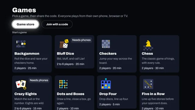 The Games screen on a TV: Backgammon, Bluff Dice, Checkers, Chess, Crazy Eights, Dots and Boxes, Drop Four and Five in a Row, each with its players and time.