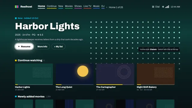 Signal on a TV in the grid style: a top menu of colour-coded bands (Home, Continue, New, Movies, Shows, Live TV, Music, DJ), a Dial switch in the corner, and rows of titles below.