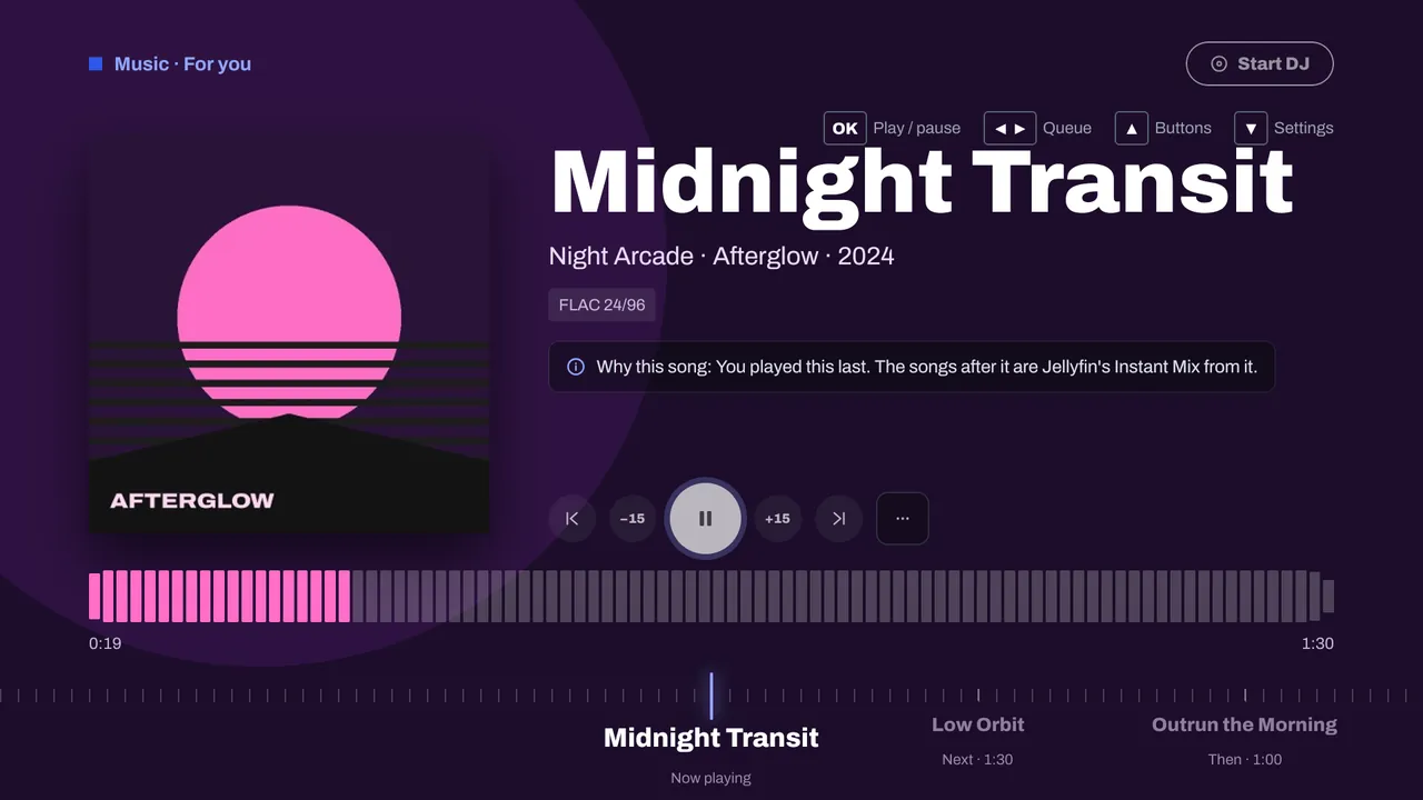 Music playing on a TV: Midnight Transit by Night Arcade, with a Start DJ button and a note on why this song was picked.