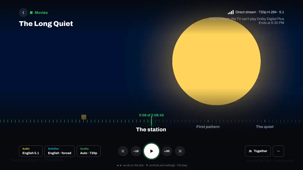 The player, paused: chapters along a dial, audio, subtitles and quality buttons, a Together button, and a note that says why the server is streaming this file differently.