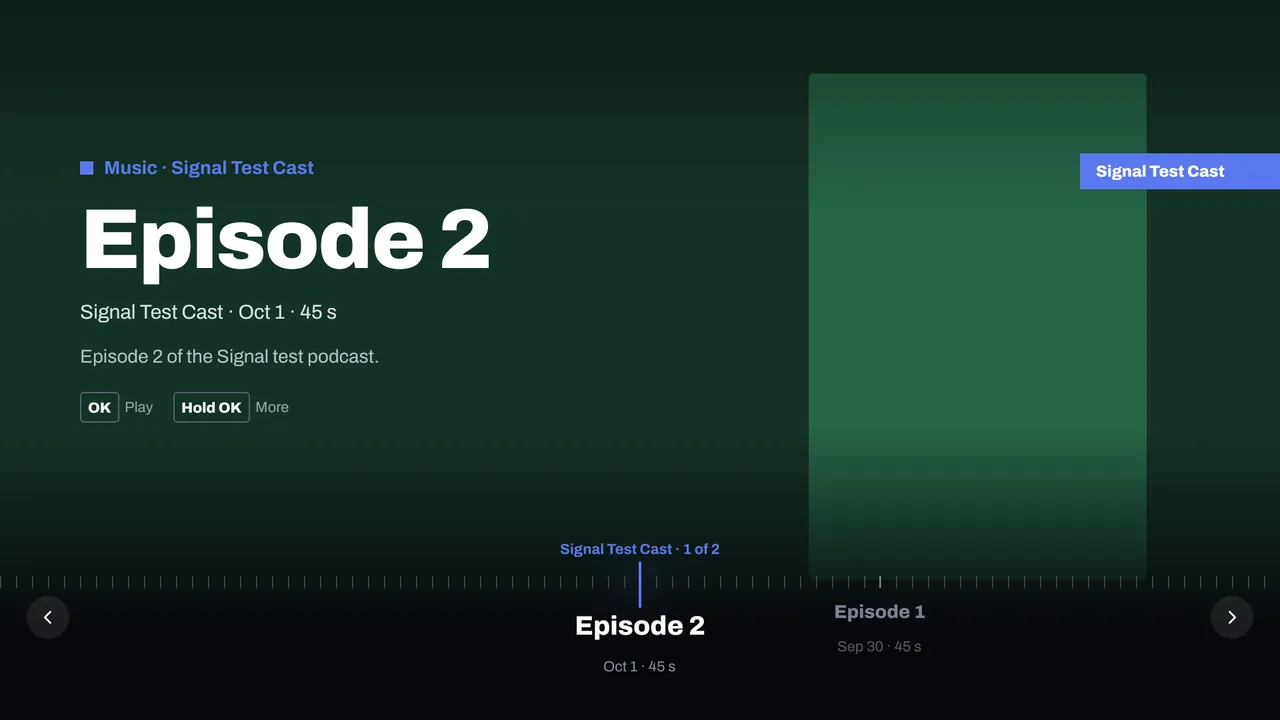 A podcast on a TV: Episode 2 of a test podcast, with the episodes on a dial.