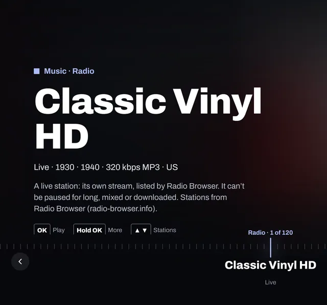 Internet radio on a TV: a live station listed by Radio Browser, with the stations on a dial.