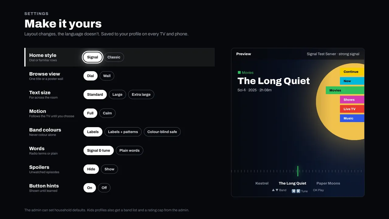 The Make it yours settings: home style, browse view, text size, motion, band colours, words, spoilers and button hints, with a live preview.