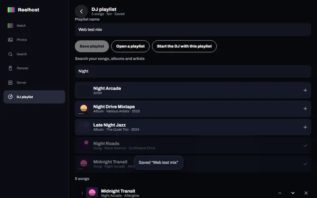 Signal in a web browser: building a DJ playlist from your songs, albums and artists.