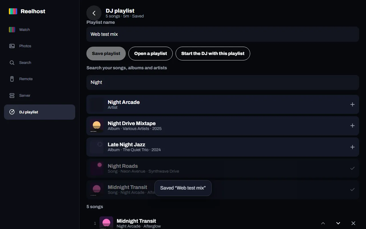 Signal in a web browser: building a DJ playlist from your songs, albums and artists.